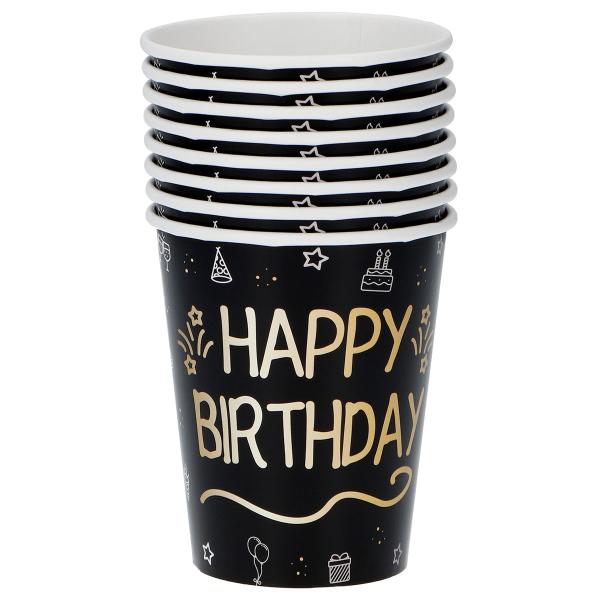 Pahvimukit Happy Birthday Musta 8 kpl