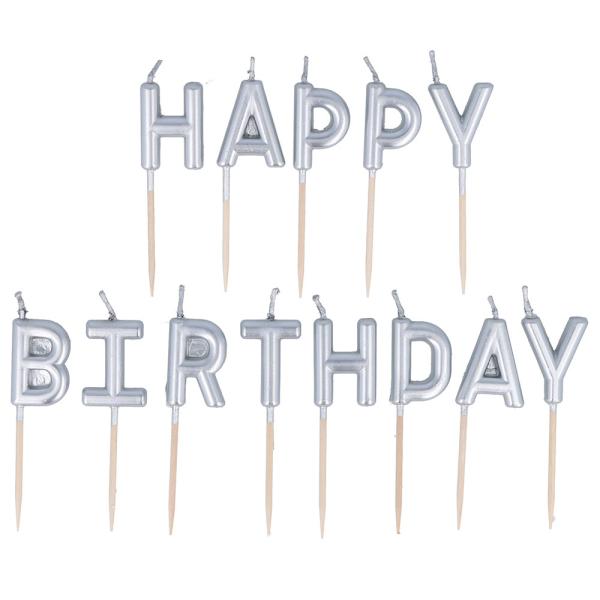 Kirjainkynttilät Happy Birthday Hopea