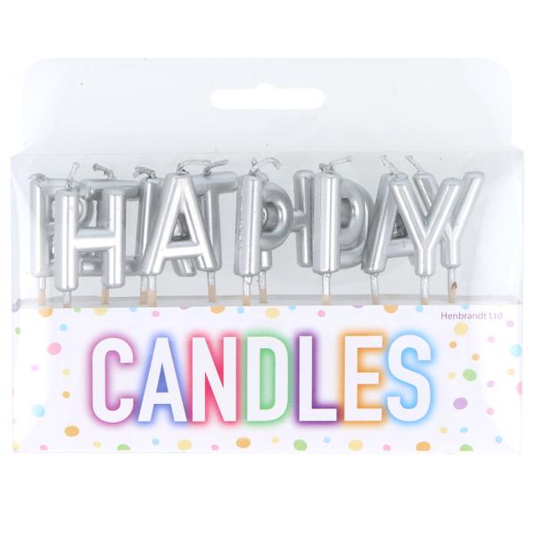 Kirjainkynttilät Happy Birthday Hopea