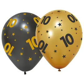 Lateksiilmapallot T&auml;hdill&auml; ja Numerolla 10, 6 kpl