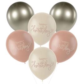 Lateksiilmapallot Happy Birthday Kermapinkki/Oliivinvihreä/Kermanvalkoinen 6 kpl