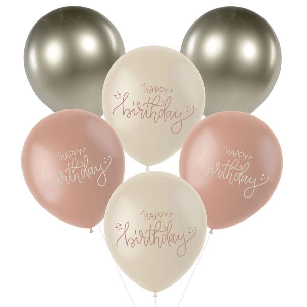 Lateksiilmapallot Happy Birthday Kermapinkki/Oliivinvihreä/Kermanvalkoinen 6 kpl