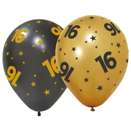 Lateksiilmapallot T&auml;hdill&auml; ja Numerolla 16, 6 kpl