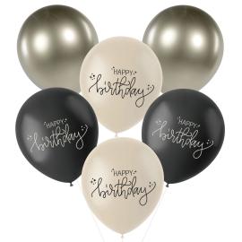 Lateksiilmapallot Happy Birthday Musta/Oliivinvihreä/Kermanvalkoinen 6 kpl