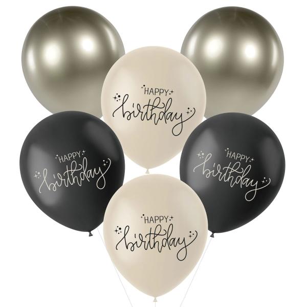 Lateksiilmapallot Happy Birthday Musta/Oliivinvihreä/Kermanvalkoinen 6 kpl