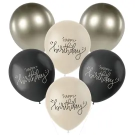Lateksiilmapallot Happy Birthday Musta/Oliivinvihreä/Kermanvalkoinen 6 kpl