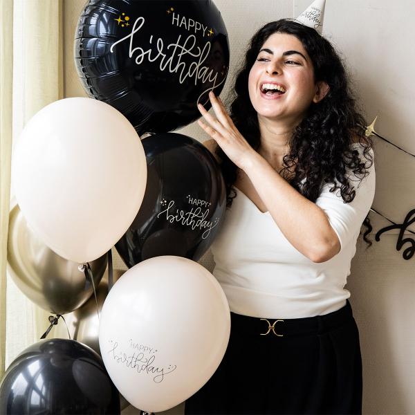 Lateksiilmapallot Happy Birthday Musta/Oliivinvihreä/Kermanvalkoinen 6 kpl