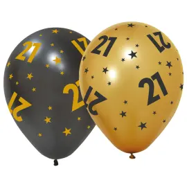 Lateksiilmapallot T&auml;hdill&auml; ja Numerolla 21, 6 kpl