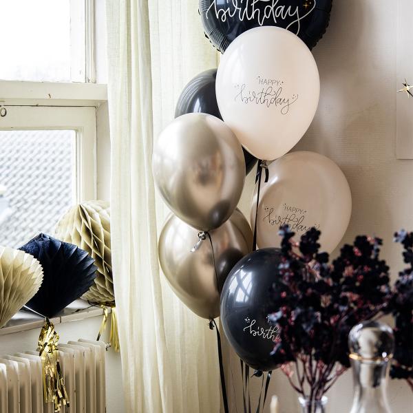 Lateksiilmapallot Happy Birthday Musta/Oliivinvihreä/Kermanvalkoinen 6 kpl
