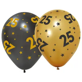 Lateksiilmapallot T&auml;hdill&auml; ja Numerolla 25, 6 kpl