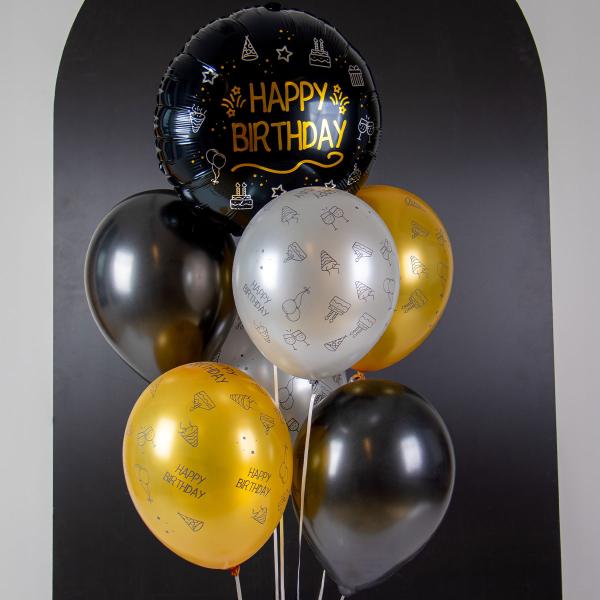 Lateksiilmapallot Happy Birthday Musta/Hopea/Kulta 8 kpl