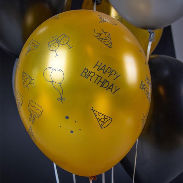 Lateksiilmapallot Happy Birthday Musta/Hopea/Kulta 8 kpl
