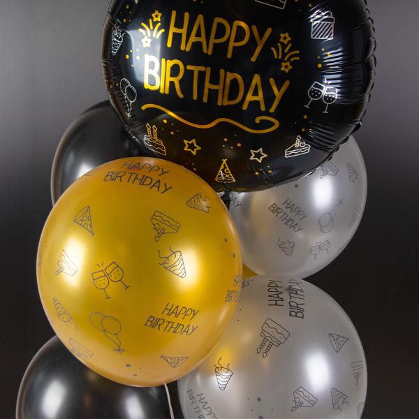 Lateksiilmapallot Happy Birthday Musta/Hopea/Kulta 8 kpl