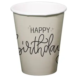 Pahvimukit Happy Birthday Kermanvalkoinen/Musta 8 kpl
