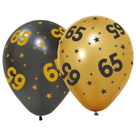 Lateksiilmapallot T&auml;hdill&auml; ja Numerolla 65, 6 kpl