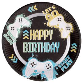 Pahvilautaset Happy Birthday Gamer 23cm 8 kpl