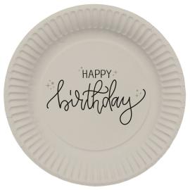 Pahvilautaset Happy Birthday Kermanvalkoinen/Musta 8 kpl