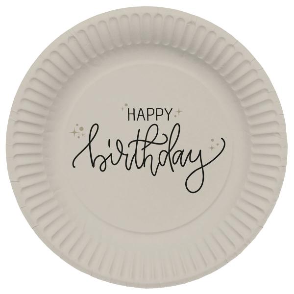 Pahvilautaset Happy Birthday Kermanvalkoinen/Musta 8 kpl