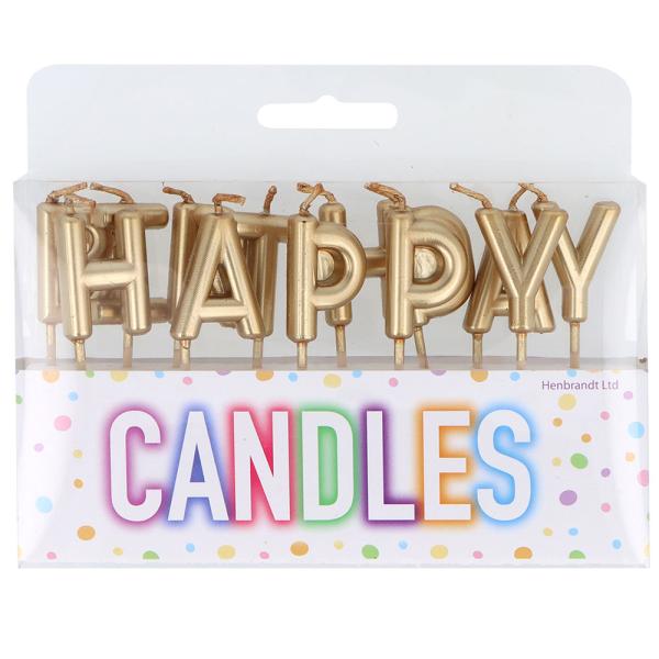 Kirjainkynttilät Happy Birthday Kulta