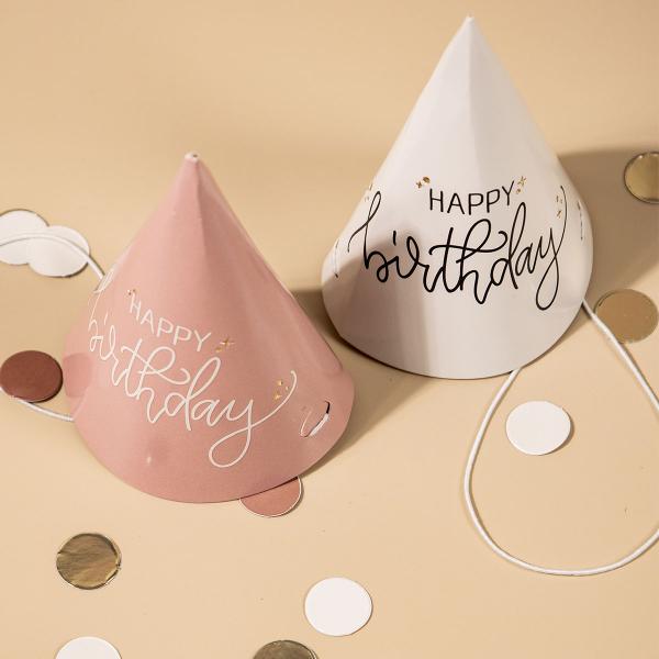 Partyhatut Happy Birthday Kermapinkki/Kermanvalkoinen 6 kpl