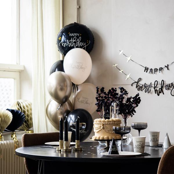 Juhlahatut Happy Birthday Musta/Kermanvalkoinen 6 kpl