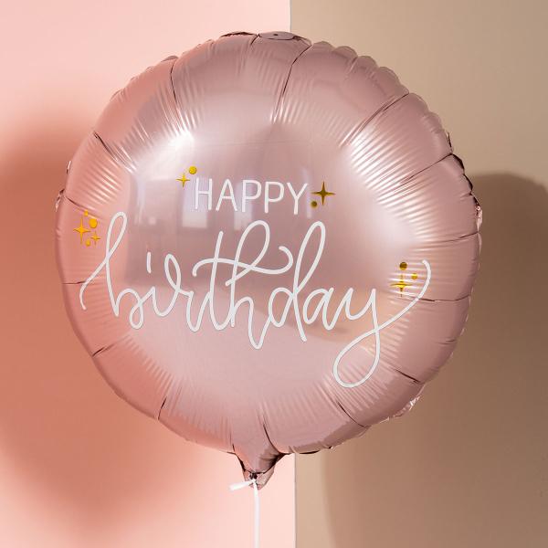 Pyöreä Folioilmapallo Happy Birthday Kermapinkki