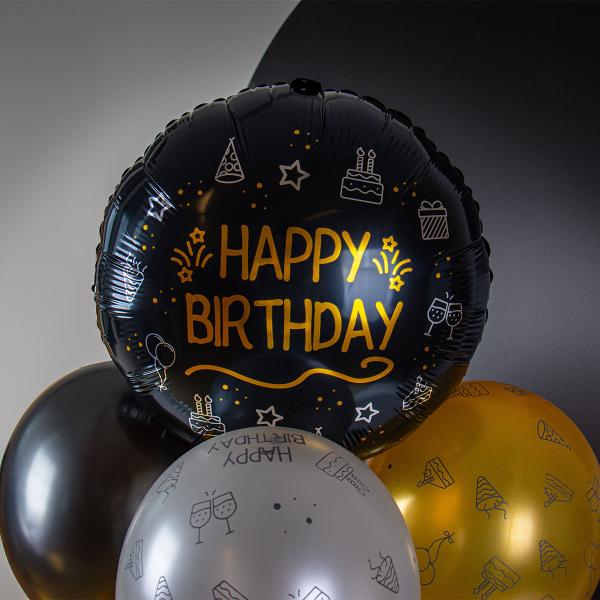 Pyöreä Happy Birthday Folioilmapallo Musta
