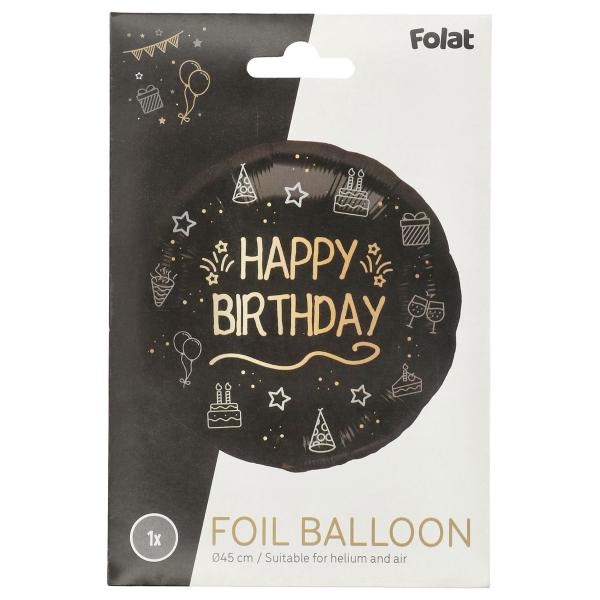 Pyöreä Happy Birthday Folioilmapallo Musta