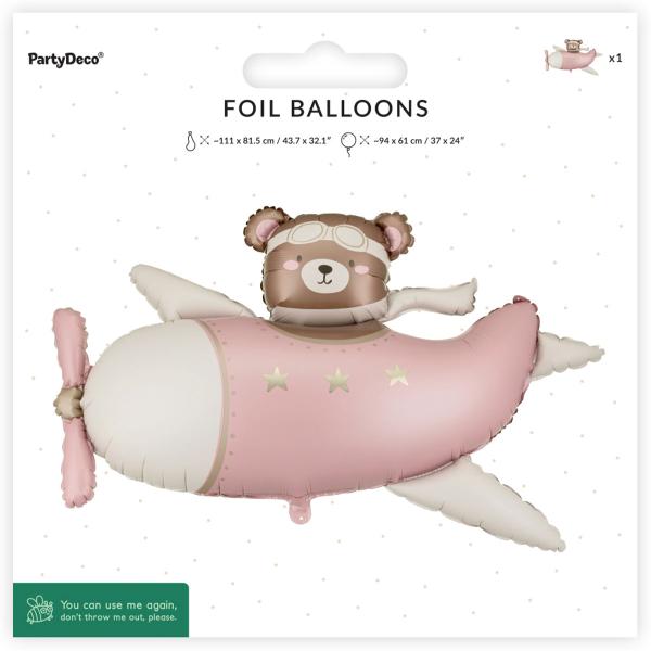 Folioilmapallo Karhu Lentokoneessa Vaaleanpinkki 94 x 61 cm